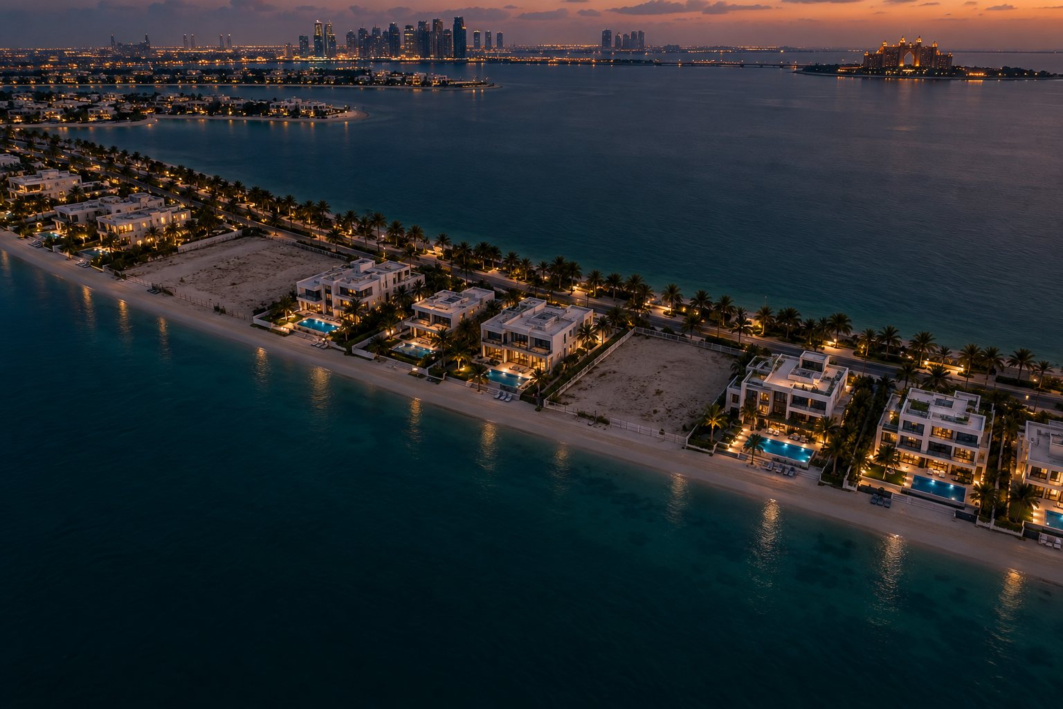 Palm Jumeirah frond at dusk with luxury villas and vacant plots