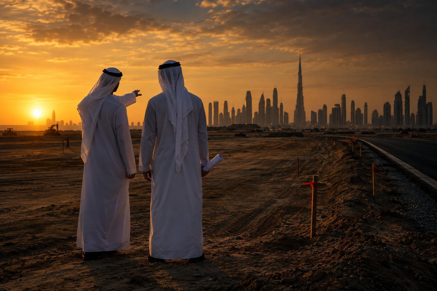 Two Emirati partners in kanduras standing on a graded plot at sunset, one pointing to the horizon and the other holding a site plan, with the Dubai skyline in the distance